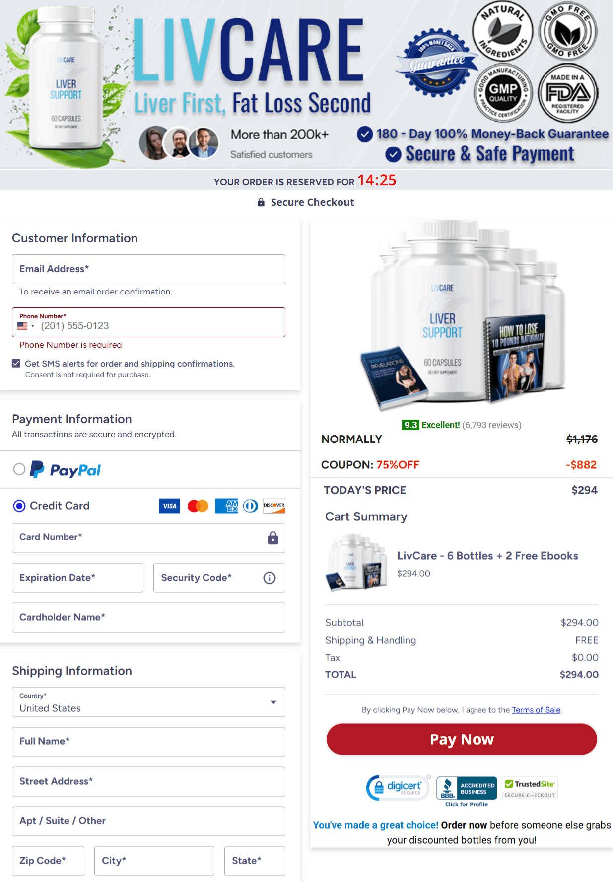 LivCare Checkout page